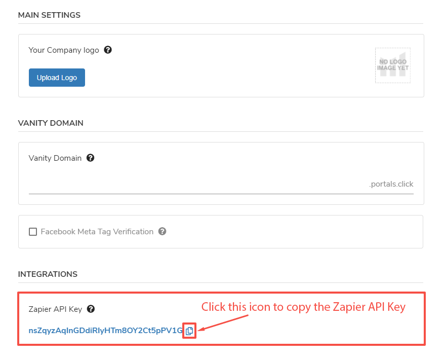 如上所述复制Zapier API密钥。