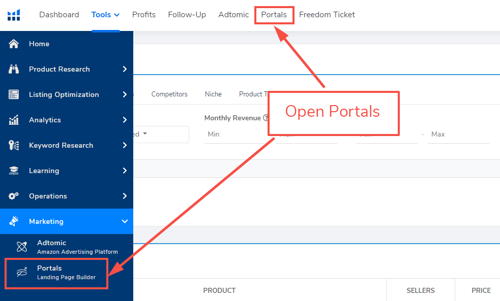 Helium 10 dashboard showing the two ways of opening Portals. Arrows pointing at the Portals tab at the top and the Portals tab on the left side menu under Marketing as described in the text above.