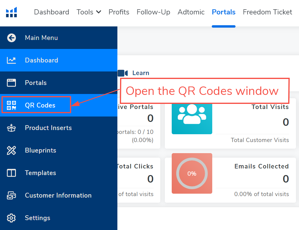 As described in the text above, the QR Codes tab is highlighted on the left side menu.