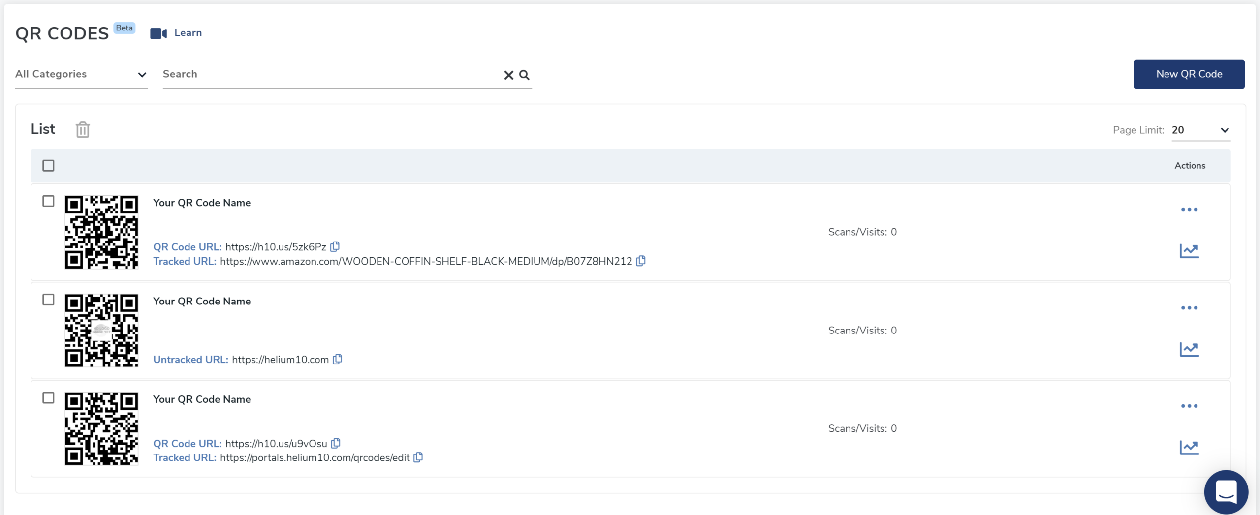 Image shows the new QR code you created amongst the already existing QR codes.